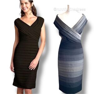 Tadashi Shoji Ombré Grey Blue V-Neck Tiered Shutter Pleat Bondage Dress Medium